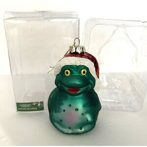 Glass Frog Christmas Ornament Toad in Santa's Hat Glittering 5" with Packaging